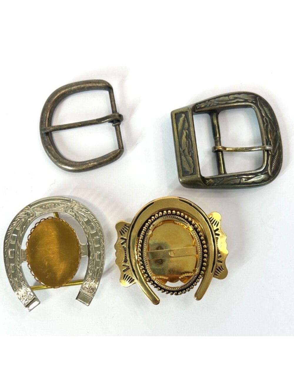 Lot of 4 belt buckles, 2 vintage, 2 horse shoe shaped